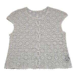 Vintage Women's White Hand Crochet Floral Knit Cardigan Vest XS